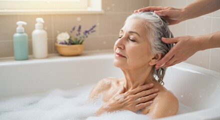 Nurse gently helps elderly woman take a bath, showing compassion, dignity, and elderly care support in a medical or home setting