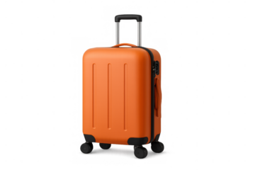 Modern orange trolley suitcase isolated on transparent background, ready for travel and tourism