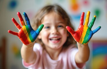 Joyful child with colorful painted hands smiling. Girl in creative arts crafts session has fun. Painted palms painted rainbow colors. Happy face. Child art fun.