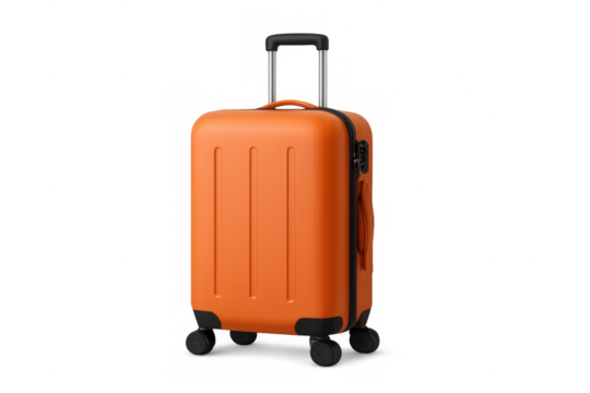 Modern orange trolley suitcase isolated on transparent background, ready for travel and tourism