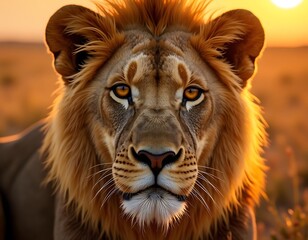 Naklejka premium Majestic lion with golden mane staring into sunset, powerful wild animal portrait, king of the savanna