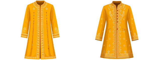 Flat vector illustration of embroidered mustard yellow sherwani with traditional Indian motifs, isolated on transparent background PNG