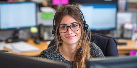 Smiling Customer Service Rep with Headset: Friendly face of assistance, ready to help and connect. Office desk environment.