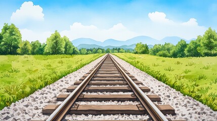 Fototapeta premium Scenic View of a Train Track Surrounded by Lush Green Fields and Rolling Hills Under a Bright Blue Sky with Fluffy Clouds