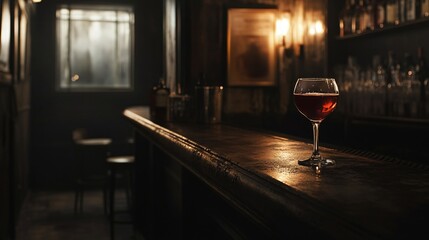 A glass of wine placed on a vintage bar, wine, glass, drink, alcohol, red, table, white, restaurant, bottle, glasses, beverage, wineglass, bar, dinner, celebration, red wine, food, reflection, wine