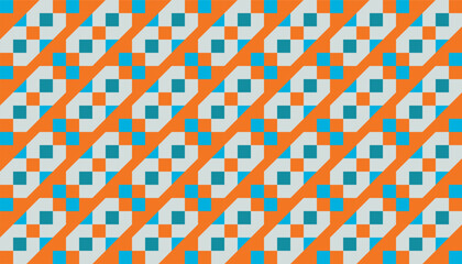 Seamless abstract geometric pattern with diagonal orange stripes and small teal squares on a light gray background. This vibrant and playful vector design is ideal for retro-themed projects