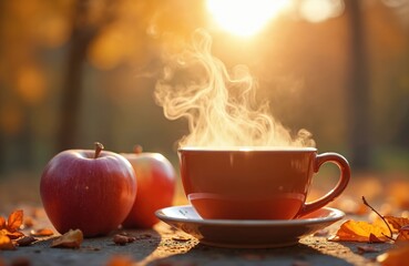 Steaming apple cider drink warms autumn day. Beverage in orange mug with apples on the table with golden leaves. Cozy warm feeling on autumn morning. Comfort, relaxation, home still life.