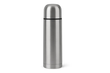 Studio shot of a metallic thermos flask on a transparent background, emphasizing its heat preservation function