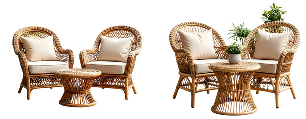  Elegant wicker patio furniture set with two armchairs and round table, isolated on transparent background PNG