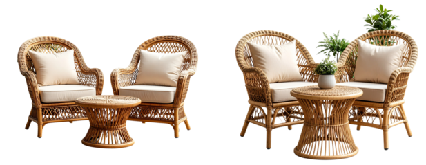  Elegant wicker patio furniture set with two armchairs and round table, isolated on transparent background PNG
