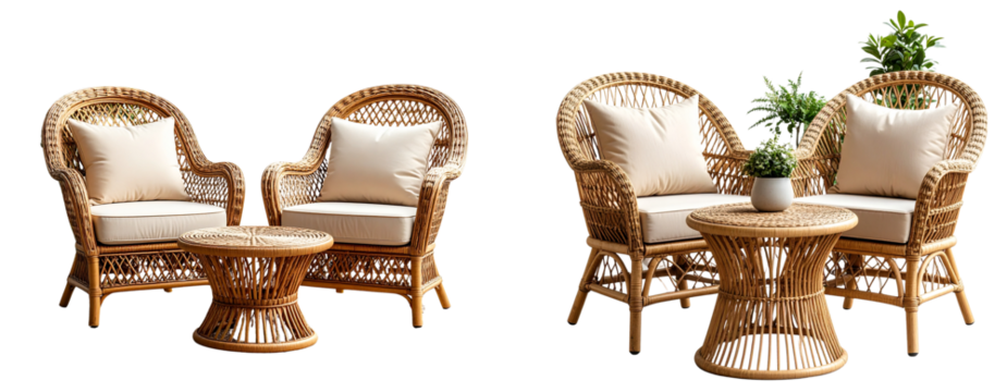  Elegant wicker patio furniture set with two armchairs and round table, isolated on transparent background PNG