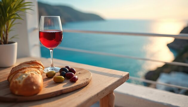 Glass red wine, bread olives on table with sea ocean view. Cozy mediterranean terrace scene. Sunset or sunrise, leisure, dining, summer vacation, relaxing vibes. - Powered by Adobe