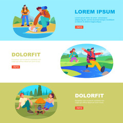 Picnic banners. hiking tourists relaxing backpackers adventures