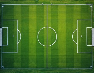 Fototapeta na wymiar Aerial view of empty football field. Green grass texture with white lines marking pitch. Top down view of soccer field. Soccer game playground for sport. Competition field for match. Championship