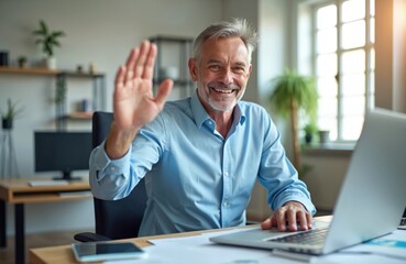 Mature man greets during video call in home office. Grey-haired male waves hand smiling at camera. Remote work, business communication. Modern tech, digital connection, virtual meeting concept.