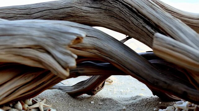 Beach Treasures, Driftwood, Starfish, and Shells on a Sandy Paradise Shoreline
