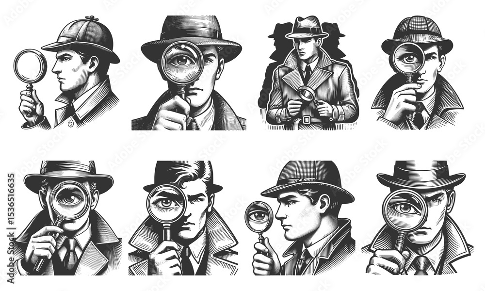 Poster detective with magnifying glasses set collection bundle sketch engraving generative ai raster illust