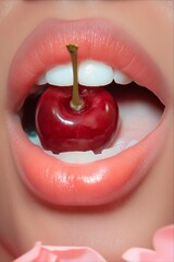 Close-up of a woman's mouth holding a ripe cherry between her lips, revealing perfect white teeth. 