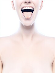 Happy woman  with a white smile and an open mouth showing her tongue