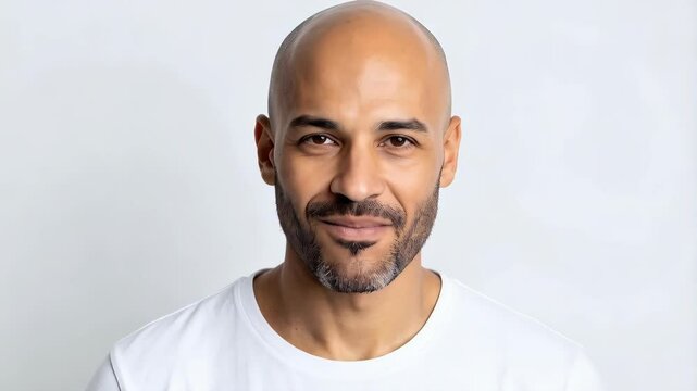 Close-up portrait of a bald man with salt and pepper beard, smiling and wearing a white t-shirt against light background