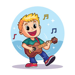 Blond Boy Strumming Guitar Cheerfully