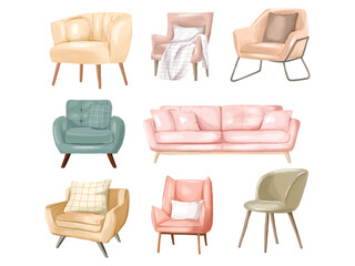 Watercolor Sofa Chair Furniture Collection Illustration