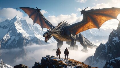 A fantasy movie poster of two adventurers facing off against an enormous dragon
