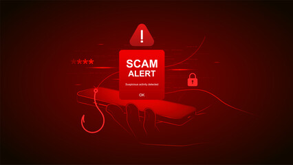 Smartphone scam alert vector with hacker phishing fraud and mobile phone hand malware cybercrime virus.