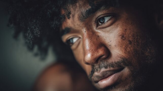 Portrait of a black man with natural afro, minimal makeup, soft lighting, clean backdrop