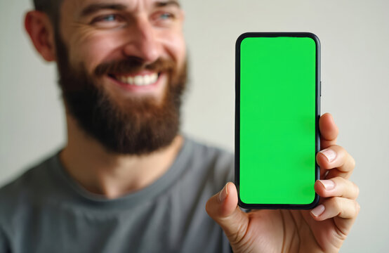 Smiling man holds smartphone, showing green screen. Technology, online banking, successful payment confirmation, mobile transaction, financial app, business concept. - Powered by Adobe