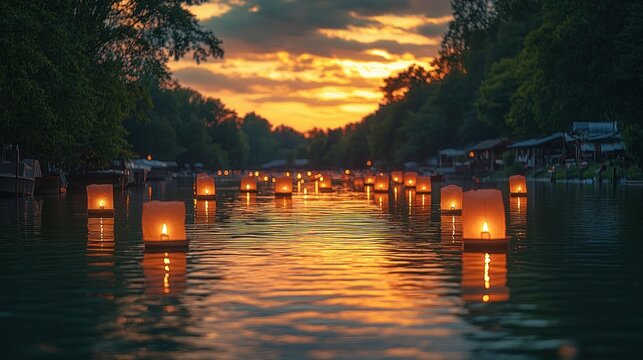 Floating lanterns on a canal at sunset - Powered by Adobe