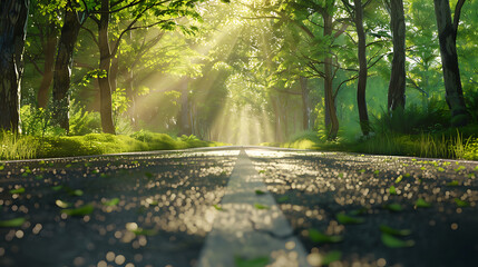 Obraz premium Serene Sunlit Forest Paths: Morning Light Filtering Through Lush Canopies