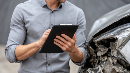 Insurance agent inspects and documents car damage using digital tablet.