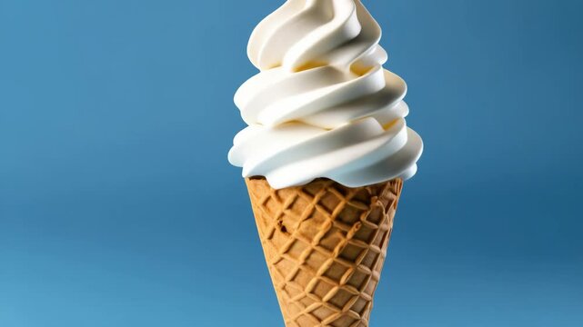 Delicious vanilla soft serve ice cream cone with a waffle patterned cone against a vibrant blue background, tasty frozen dessert treat.