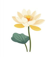 Obraz premium Serene Lotus Flower, Delicate Petals Unfurl, Yellow Center, Green Leaf, Simple Minimalist Design, Peaceful Atmosphere.