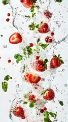 Fresh strawberries and cranberries in water with splashes.