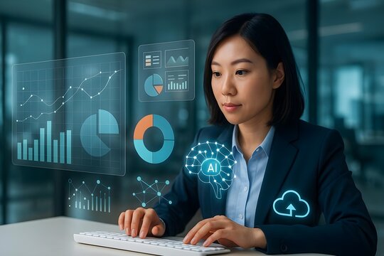 Businesswoman Analyzing Data with Virtual Charts and AI Graphics - Powered by Adobe