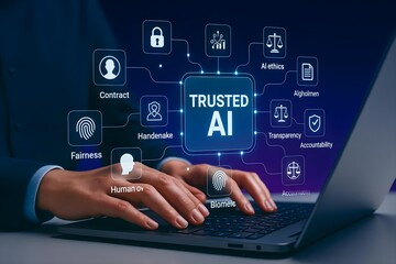 Trusted AI Framework With Ethical Icons and Laptop Interaction