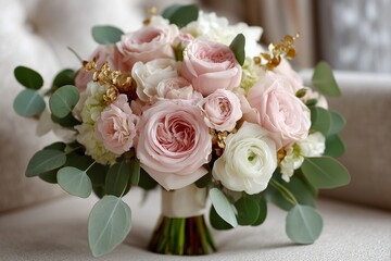 Fototapeta premium Blush pink garden roses with gold-dipped eucalyptus for bridal bouquet inspiration