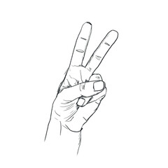 Vector doodles in the form of a hand gesture, highlighted on a white background. V sign. The texture of writing materials. Handwritten drawings and pencil strokes.