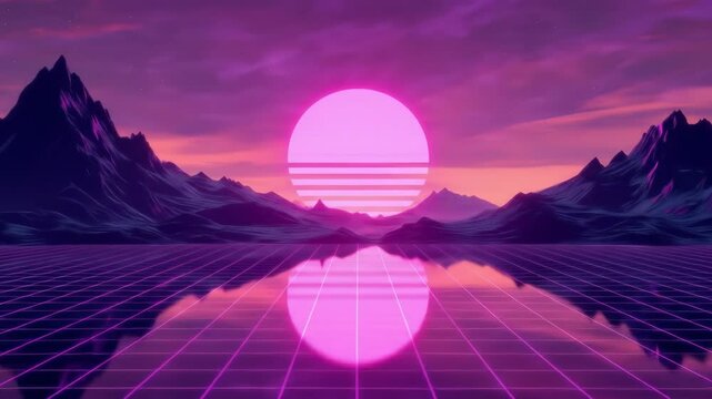Retro Landscape with Sunset Sky and Grid Background Animation