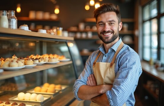 Smiling male owner of bakery cafe with arms crossed. Happy entrepreneur in apron stands at pastry shop front. Small business, restaurant, food industry concept. Baked goods assortment.