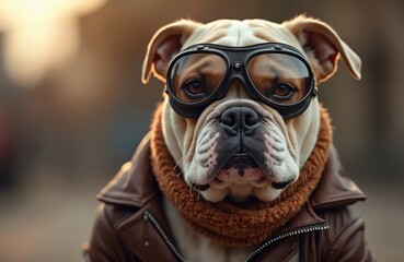 English bulldog wearing aviator goggles and leather jacket. This animal is the picture of coolness and swagger. Dog looks at camera with an air of confidence, embodying retro biker style.