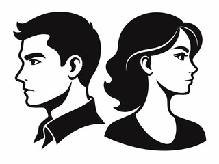 Silhouettes of male and female heads in profile. Black vector illustrations of human head outlines, featuring man and woman side views, isolated on a white background