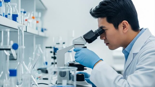 Asian scientist using microscope in laboratory for medical research and scientific discovery