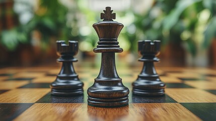 Focused black chess pieces on board