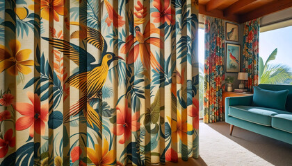 Retro barkcloth drapes, Ai generated image