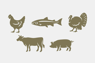 Farm and food animals set, vintage silhouette vector illustration

