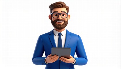3D character of a happy business man with a beard, wearing a blue suit and glasses