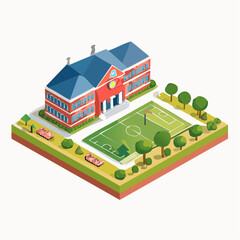 Isometric illustration of a school building with a playing field, showing a campus layout.